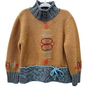 Cakewalk Kids Sweater Girl's Size 6 Wool Blend Tan Blue Mock Neck Pullover